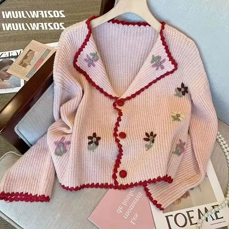 

Spring Autumn Girls Sweet Embroidered Flower Flip Collar Cardigan Thin Sweater