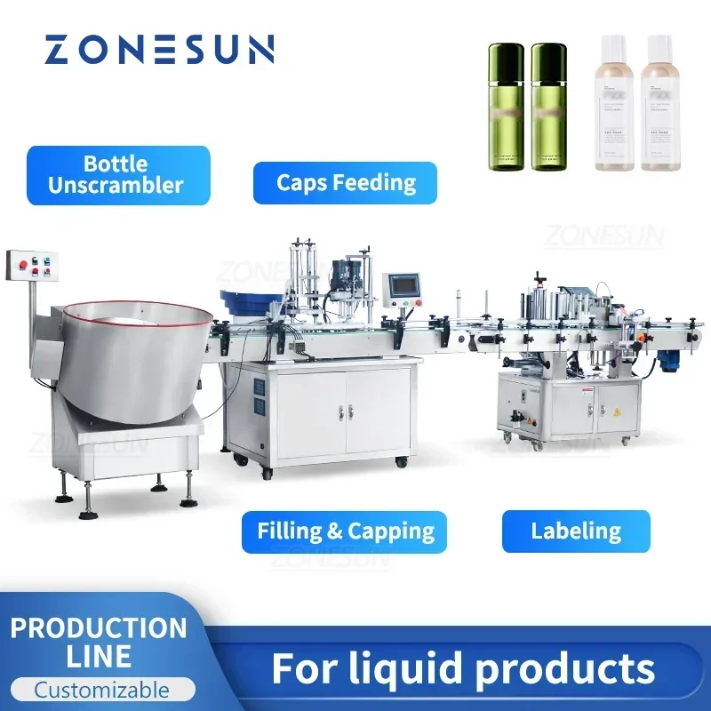 ZS-FAL180Z2 Lini Produksi Otomatis Pembungkus Botol Cair Pelabelan Botol Pengisi Unscrambler Mesin Pengemas Pompa Magnetik