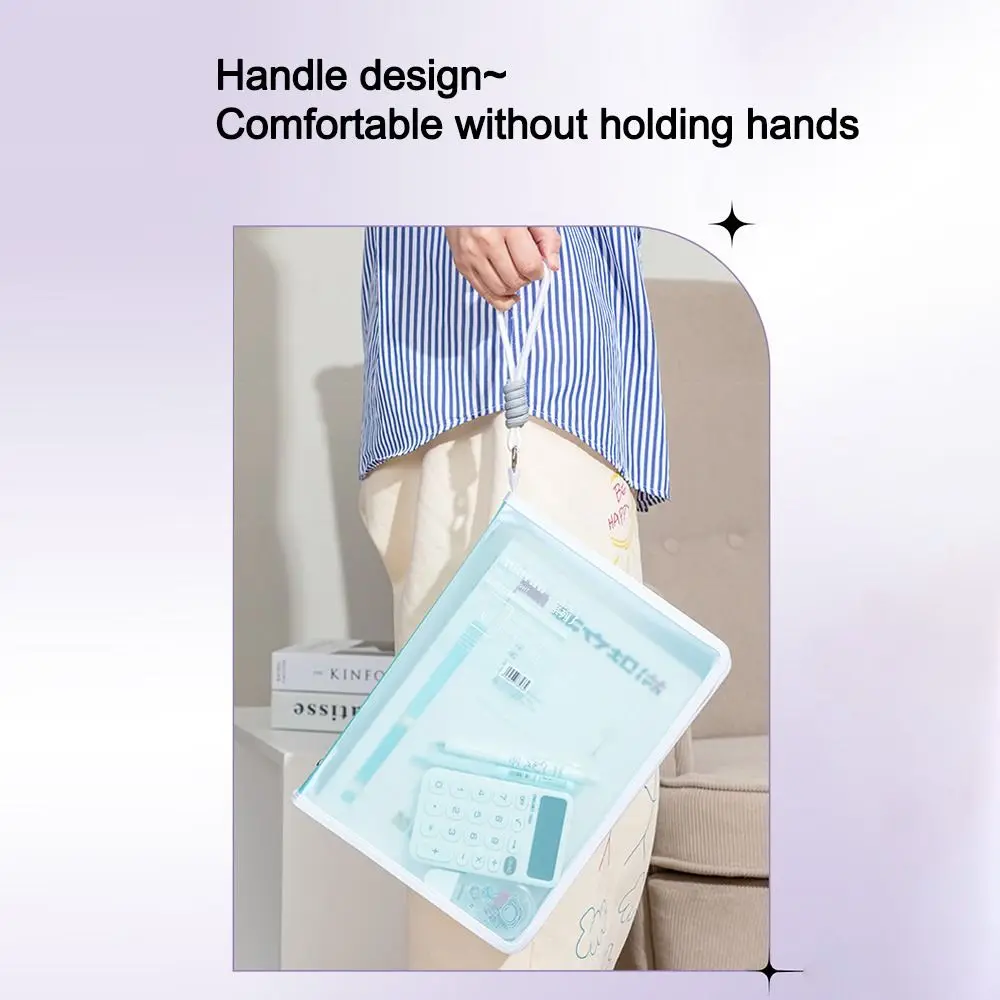Portable Transparent A4 Zipper File Bag with Lanyard Large Capacity File Folder Bags Storage Bag Office School Supplies