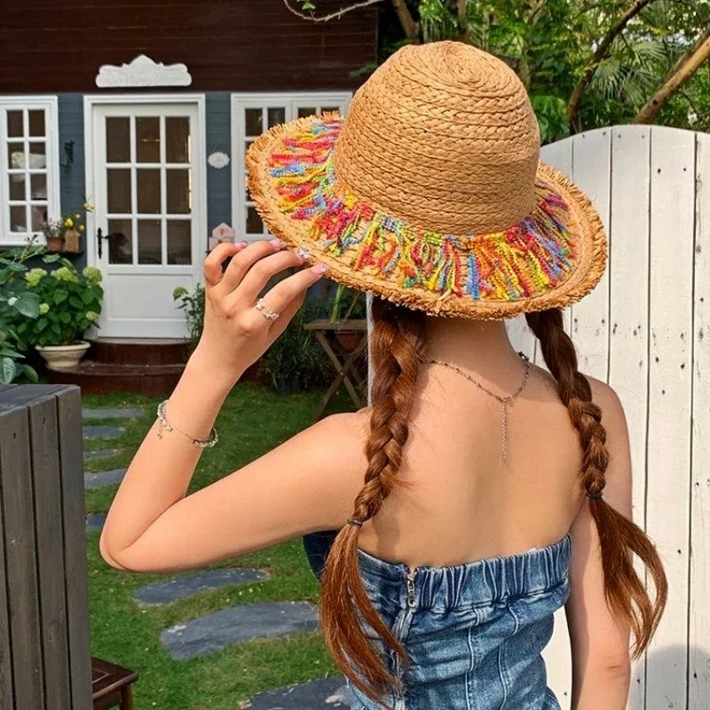 Girl\'s Fashion Gifts MultiColored Tassel Grass Hat for Sun Shading Sun Protection Breathable Weaving Wide Brim Grass Hat Gifts