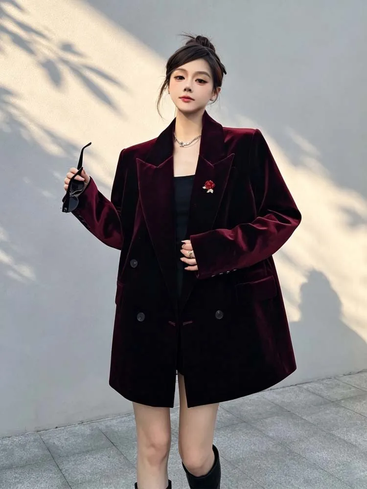 Vintage Velvet blazer for women Loose Spring Autumn Stylish Embroidery Double breasted jacket Wine red Black 2026 inkeo 6O024