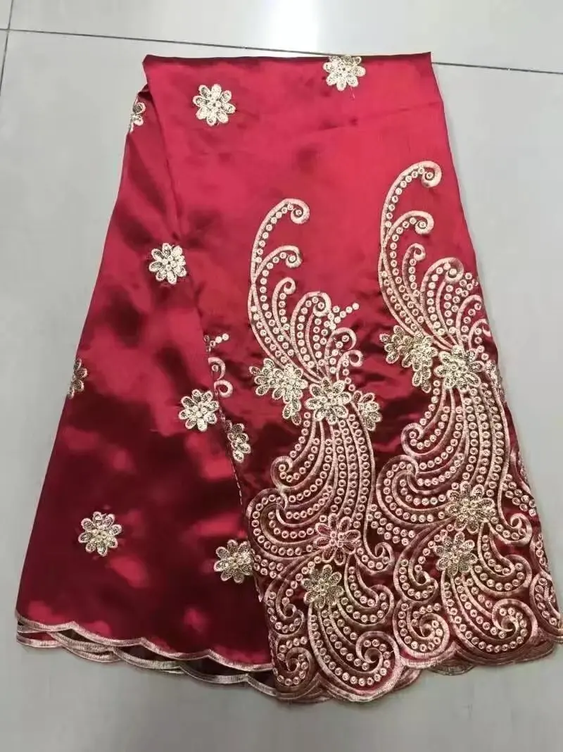 

African George Lace Indian Design Red For Nigerian Wedding Dress Tissu Sequined Gold Line Embroidered Guipure Lace Silk Fabrics