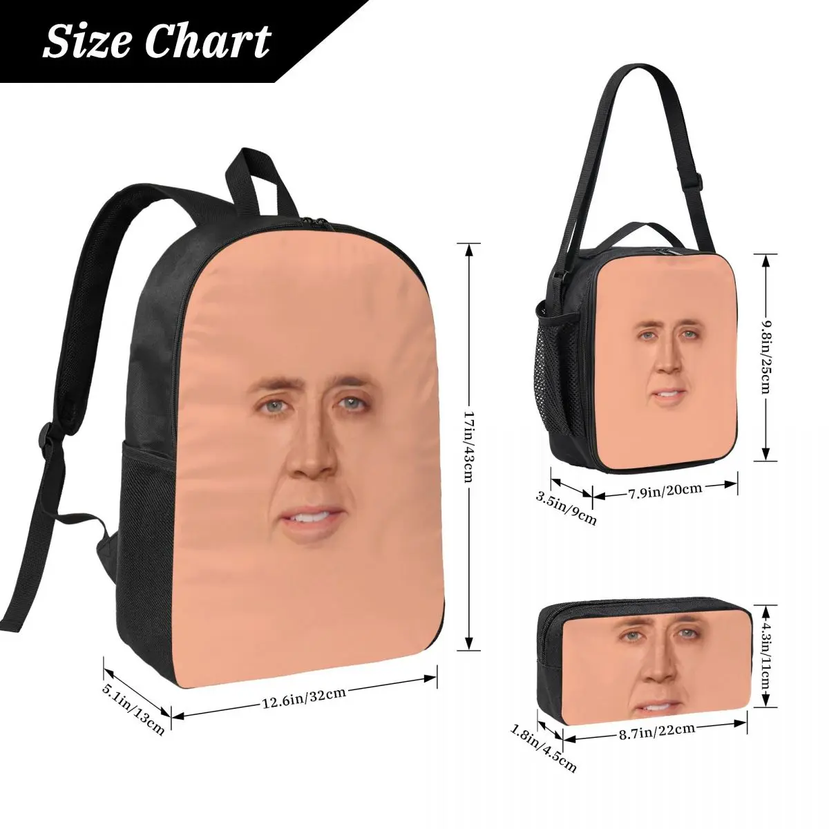 Nicolas Cage - Face Backpack Student Boys Girls BookBag School Bag Computer Shoulder Bags 3ps Insulated Lunch Bag Pencil Case