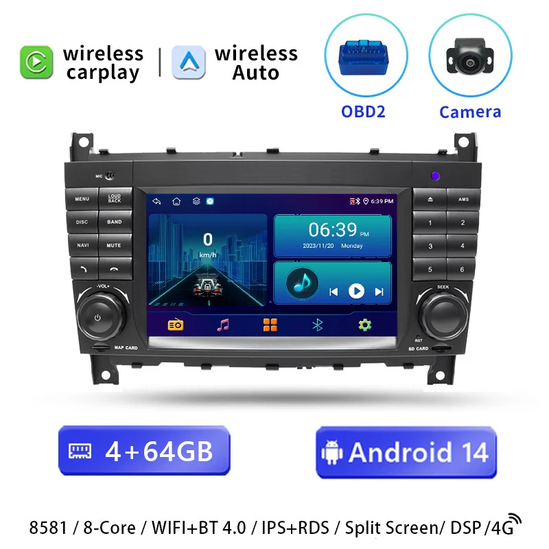7'2 DIN Draadloze CarPlay Android 14 autoradio voor Mercedes Benz W203 W639 W168 Vaneo Clk Vito W209 W210 M/ML Multimedia speler GPS Wifi scherm
