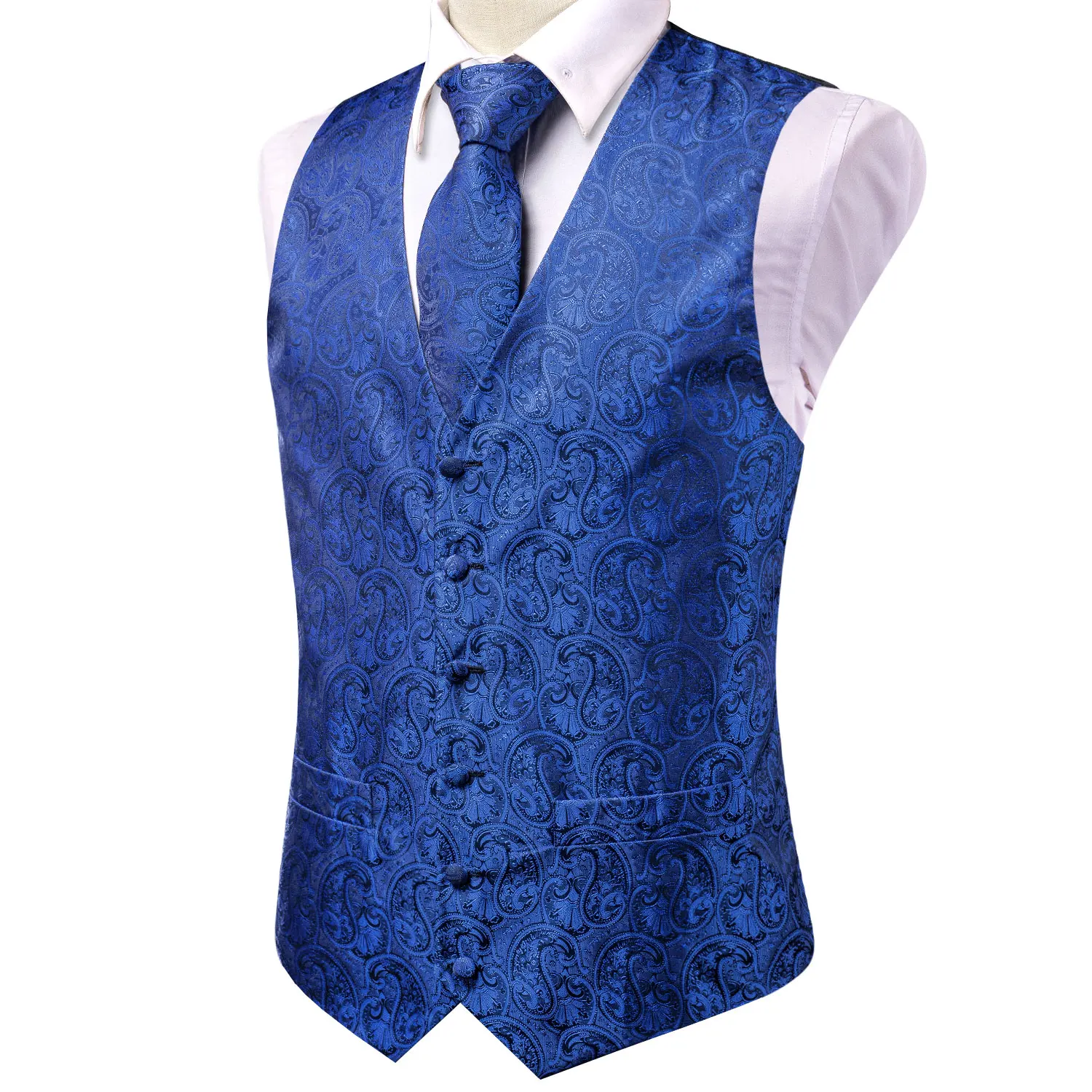 Hi-Tie Royal Blue Floral Silk Mens Vest Tie Set Jacquard Waistcoat Sleeveless Jacket Necktie Hanky Cufflinks Wedding Business