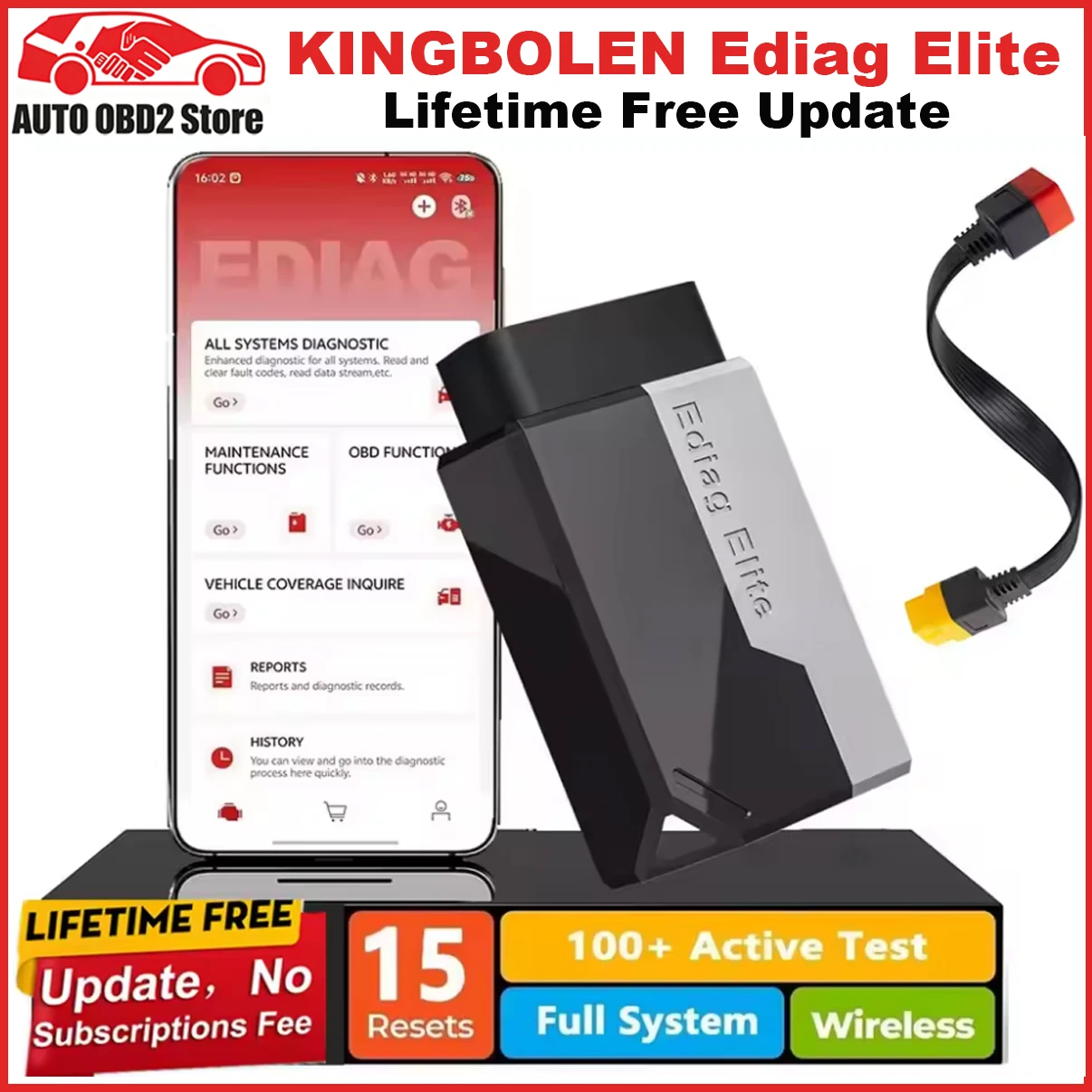 KINGBOLEN Ediag Elite OBD2 Auto Scanner 15 Resets All System Car Code Reader Active Test Diagnostic Tools Lifetime Free Update