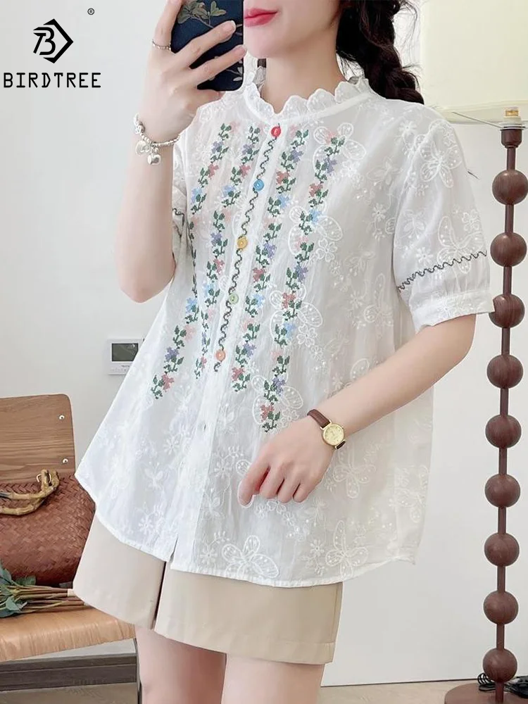 

New Spring Cotton Casual Student Shirts Women Stand Embroidery Blouses Girl Short Sleeve Loose Sweet Tops 2024 Summer T454101QM