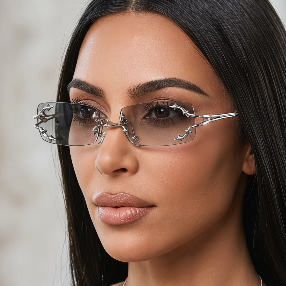 Vintage Randlose Quadratische Stern-Y2K-Sonnenbrille für Damen, Modische Farbverlauf-Silberbrille, UV400-Schutz, Legierungsrahmen, für Outdoor-Aktivitäten