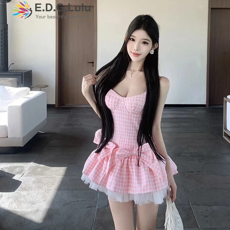 EDGLuLu  Plaid Print Spaghetti Strap Mini Dress For Women Sweet Bow Splice Tulle Ruffle Sundress Summer Casual Party Dress 0403