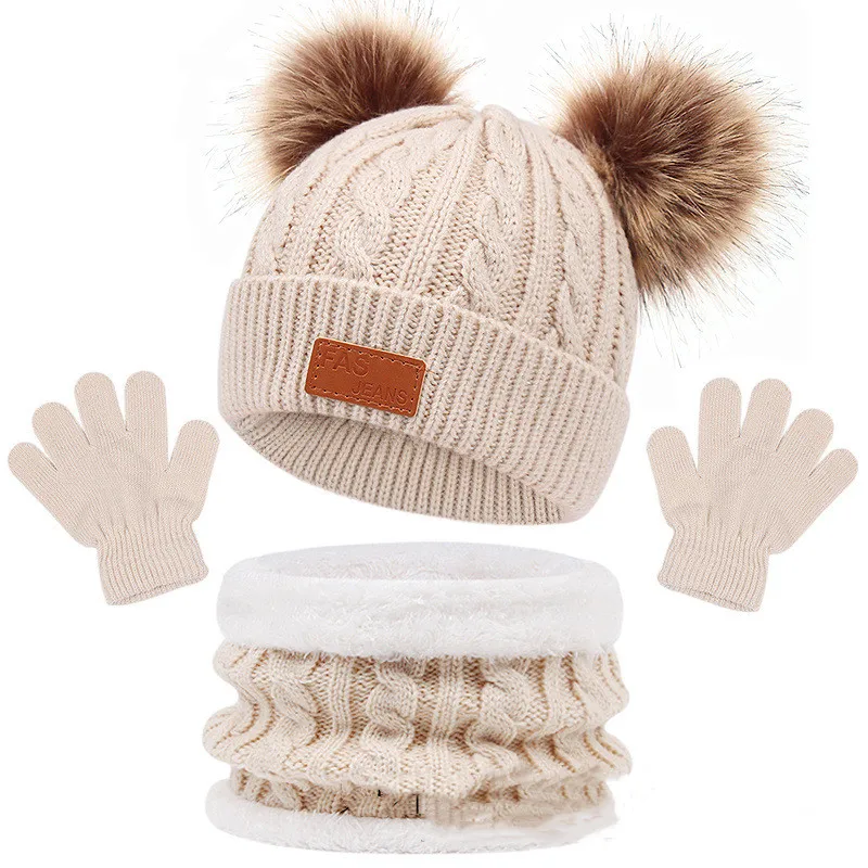 1-5Y Autumn Winter Children Baby Knit Gloves Hat Scarf 3pcs Suit Fur Balls Outdoor Windproof Warm Kids Muffler Cap for Boy Girl