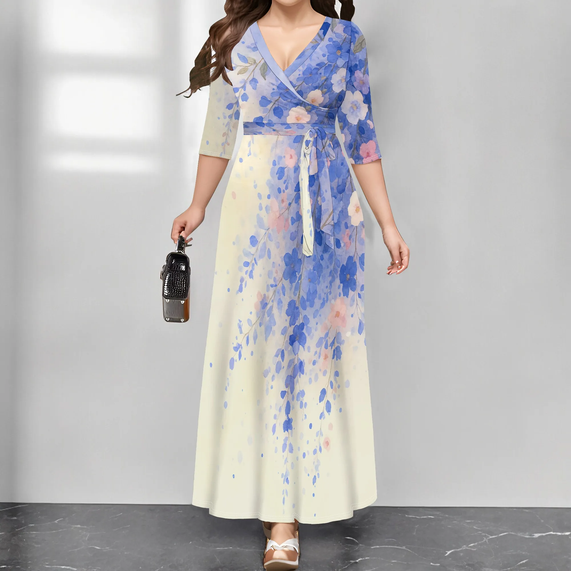 

Women's Floral Print Wrap V-Neck Maxi Dress, 3/4 Sleeve Watercolor Gown, Plus Size XS-3XL, Elegant Wedding Guest & Party Dress