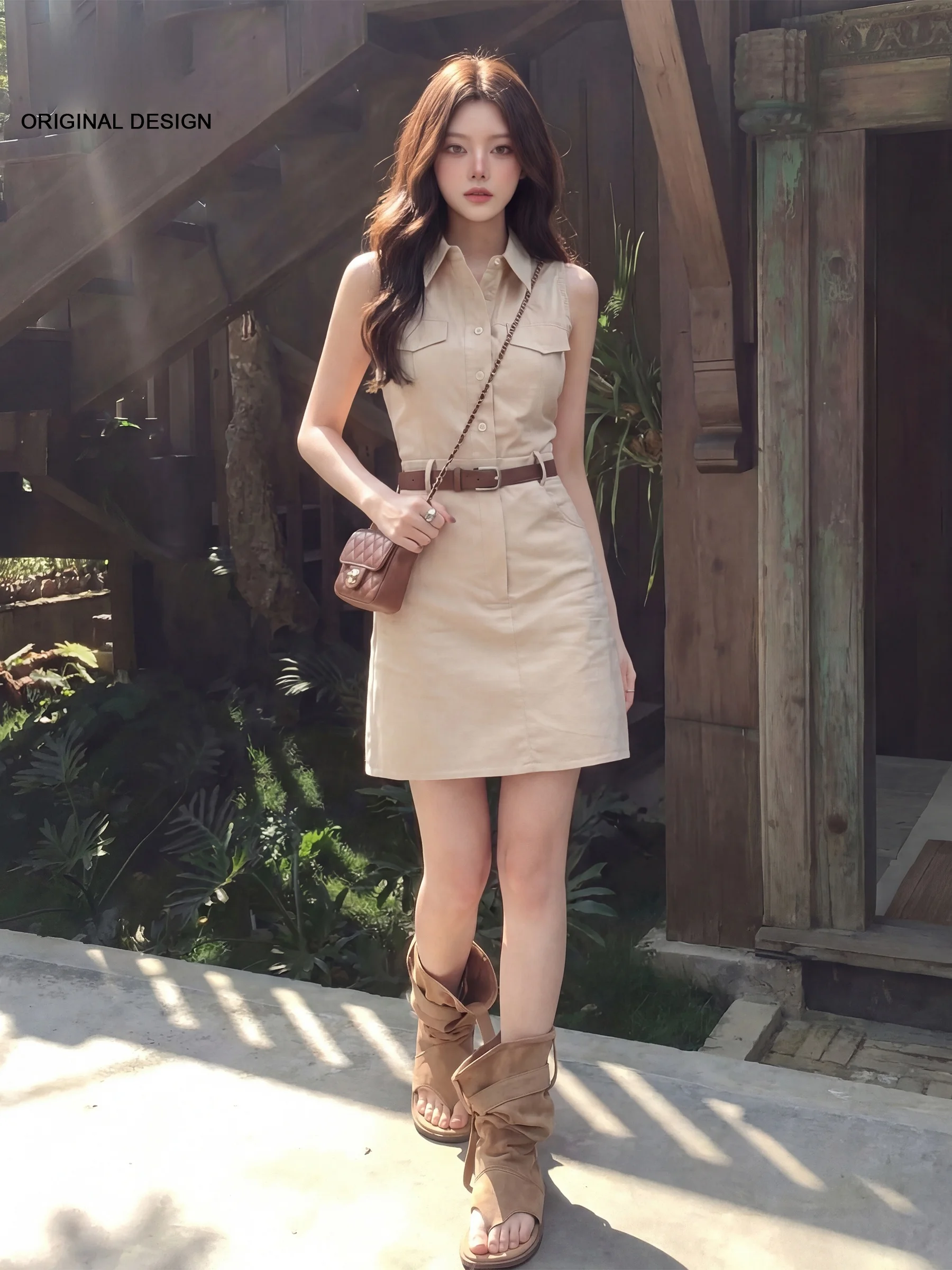 

Cherry Blossom Casual Style Turn-down Collar Sleeveless Women's Dress Summer Waist-cinching Slimming A-line Skirt