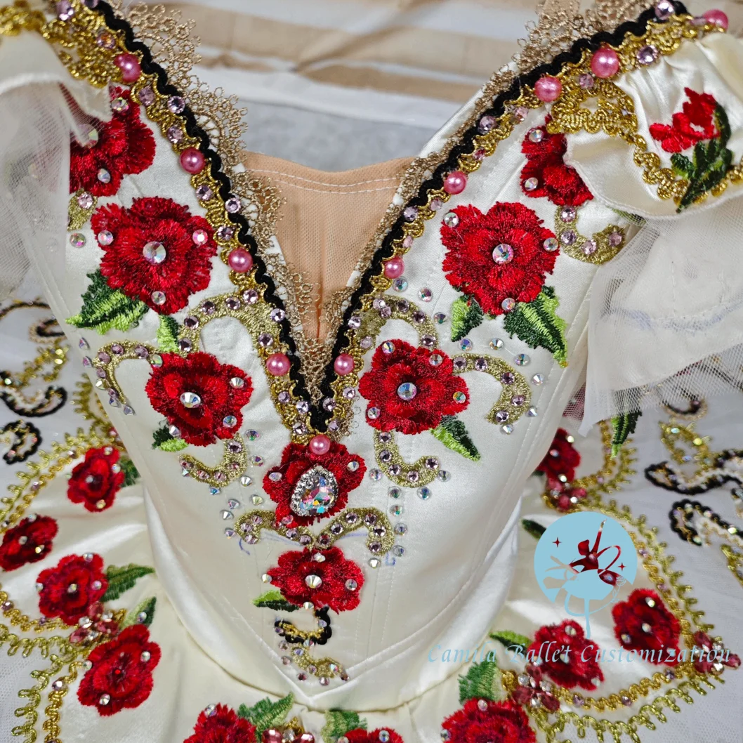 Wysokiej klasy, szyta na miarę, mlecznobiała spódniczka tutu z motywem róż Aesmilada, wróżka, Śpiąca Królewna, balet, dla dorosłych i dzieci.