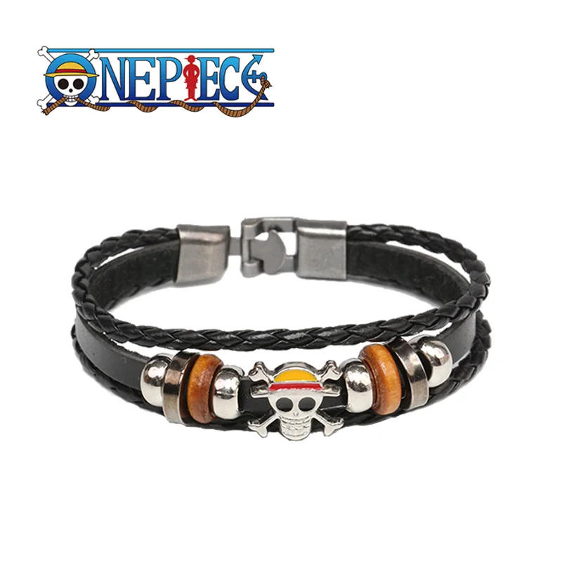 

One Piece Pirate Bracelet Cartoon Charm Action Doll Lufei Straw Hat Punk Black Leather Woven Anime Bracelet Toy Birthday Gift