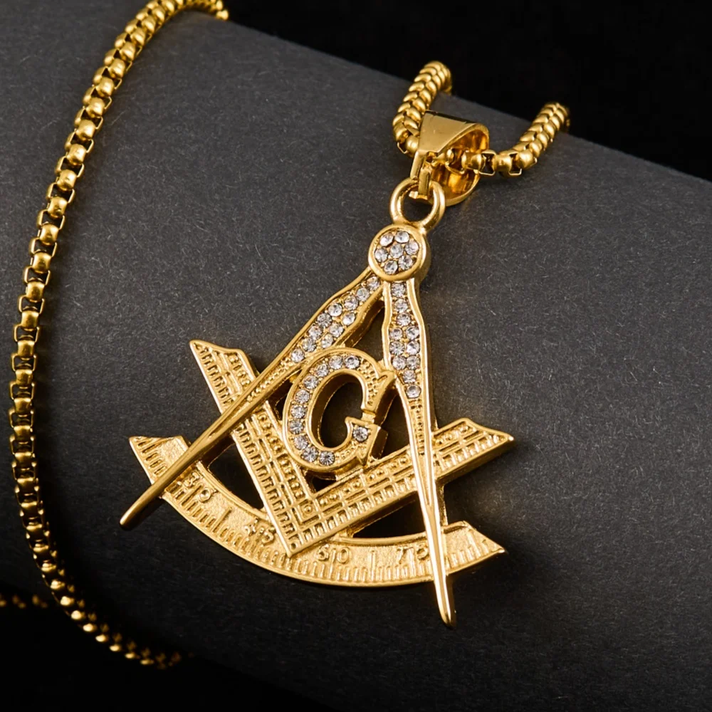 Drop shipping Hip Hop Iced Out Masonic with rhinestone Pendant Necklace Chain Gold Color Stainless Steel Freemason Mason Jewelry