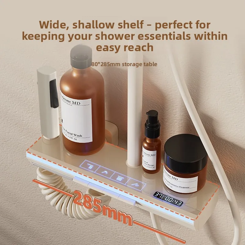 Ivory Ambient Light Brass Thermostatic Shower Set Digital Display Piano Key Showerhead Bathroom Shower Head and Handle Set - view 4
