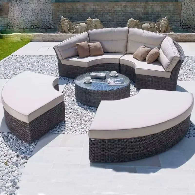 Villa Outdoor Rattan Sofa Bed Northern Europe Design Waterproof Sunscreen Leisure Garden Patio Swimming Pool Beach Bed