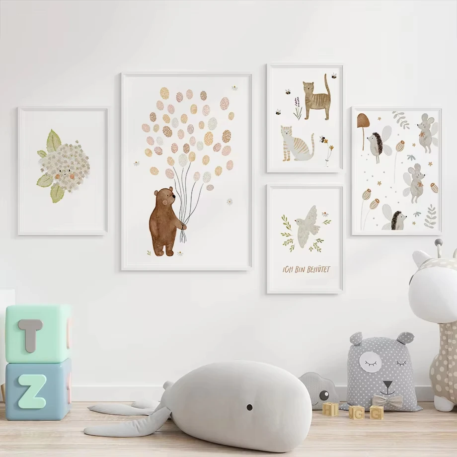 Boho Cartoon Farm Posters Prints Rabbit Bear Balloon Hedgehog Flower Duck Canvas Painting Wall Art Baby Kids Room Home Decor