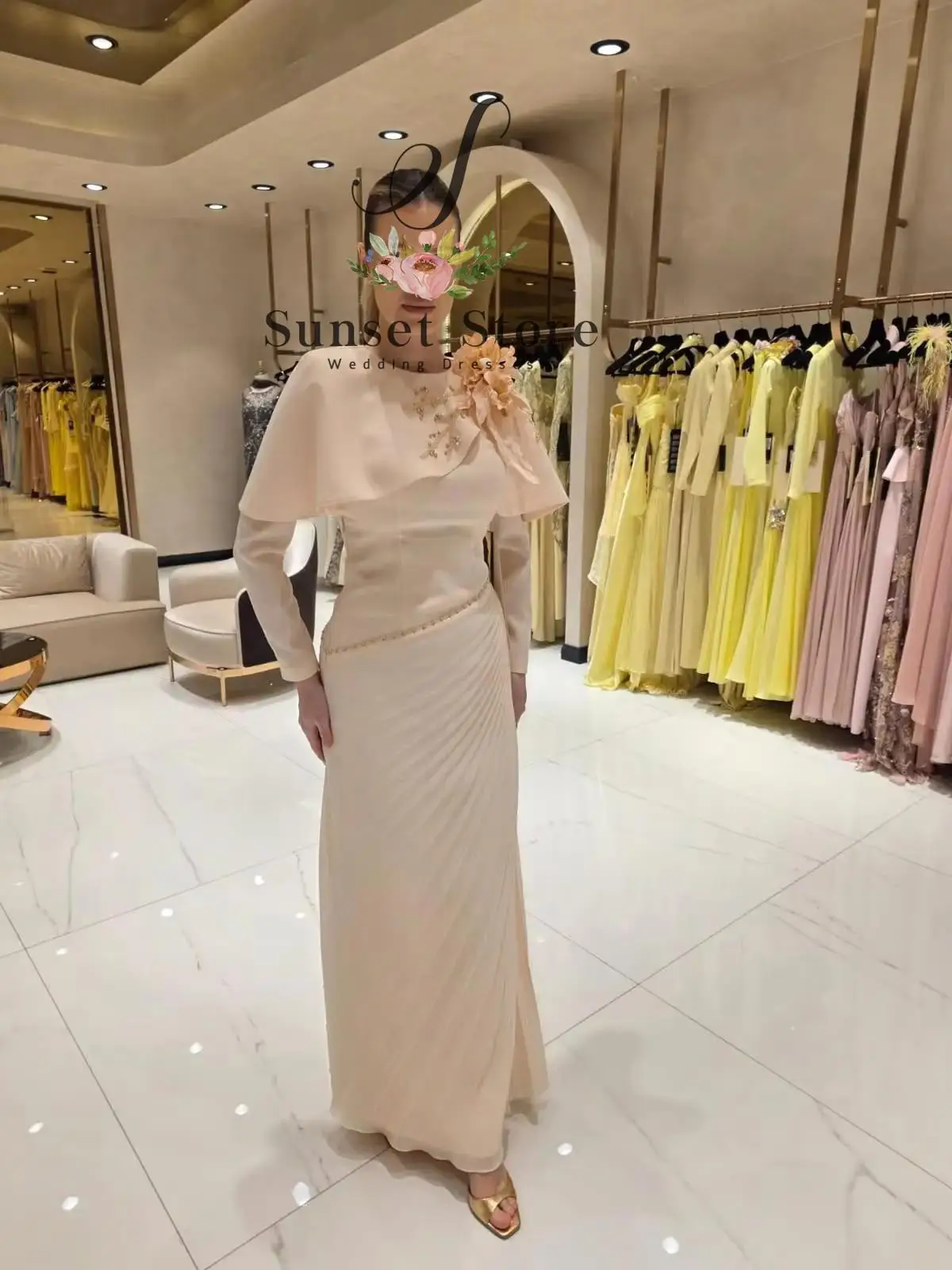 Customized  Elegant Evening Dress with Short Cape Long Sleeve Formal Party Gown Pleated Mermaid Wedding Guest Dresses
