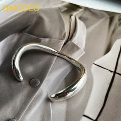 QMCOCO Silver Color Smooth Surface Irregular Radian Thick Open Bracelet For Women Simple Handmade Bracelet Girl Birthday Gifts