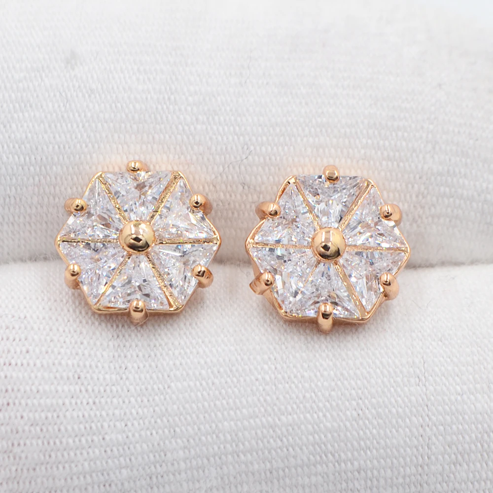 High Quality Gold Color Women Fashion Clear CZ Hexagon Stud Earrings Jewelry