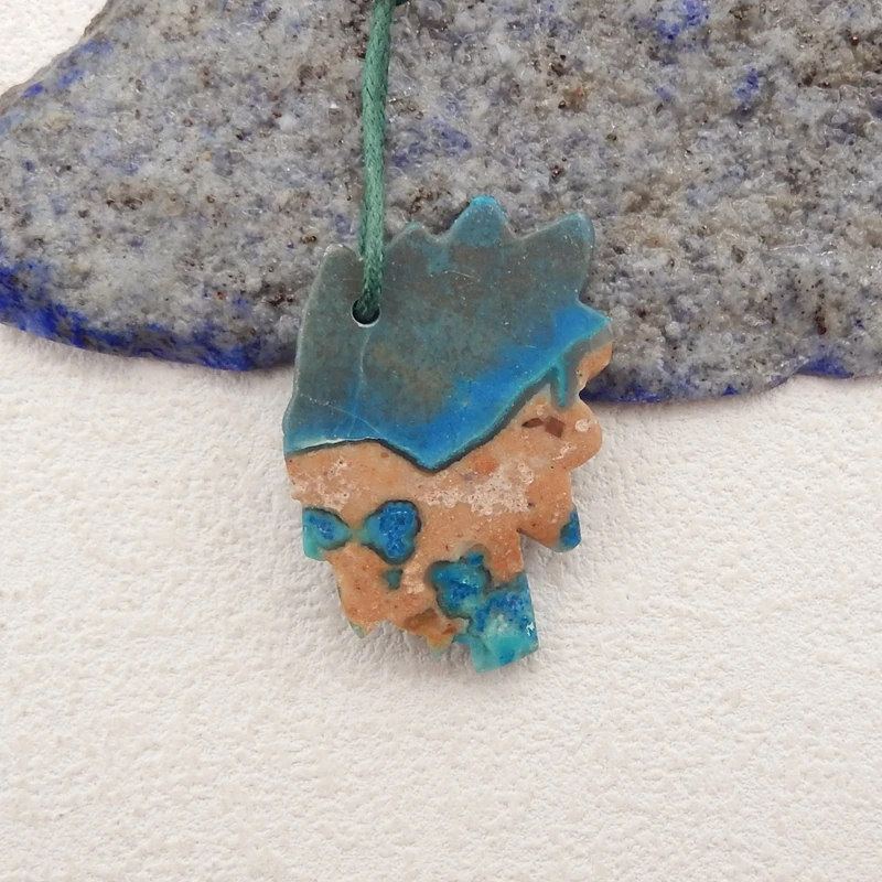 Natural Stone Chrysocolla Carved Indian Head Pendant Bead,Fashion Jewelry Necklace Accessories 37x25x5mm 7g