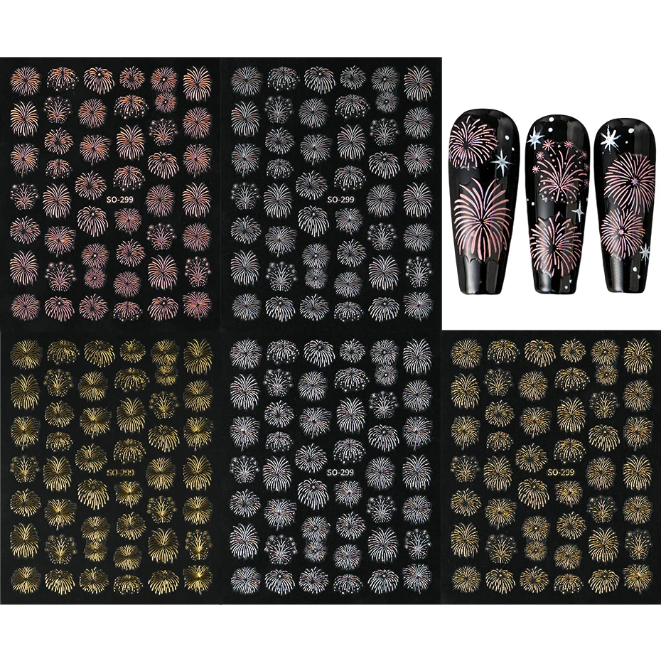 Autocollants holographiques pour Nail Art, feux d'artifice en fleurs, or, argent, rose, paillettes, décalcomanies japonaises, décoration de manucure, 5 pièces