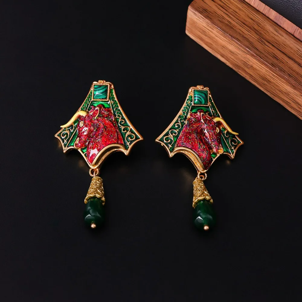 2026 New Year New Chinese Style Bull Head Earrings, Retro Vintage, Middle-aged Light Luxury Natural Malachite Enamel Earrings
