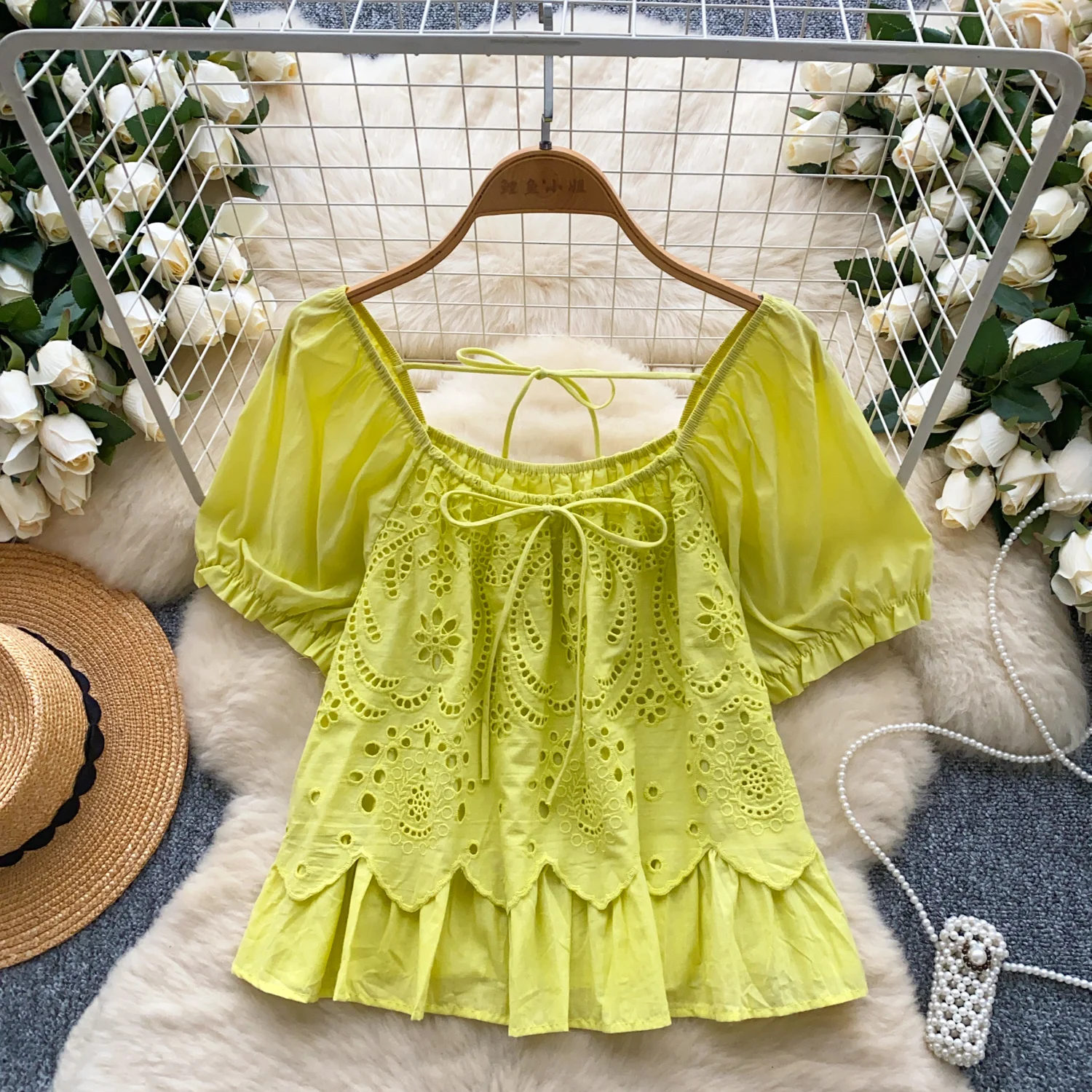 

Chic Hook flower hollow slash neck basics Elegant Fashion Sexy office lady Shirt Summer Women Blouse Women