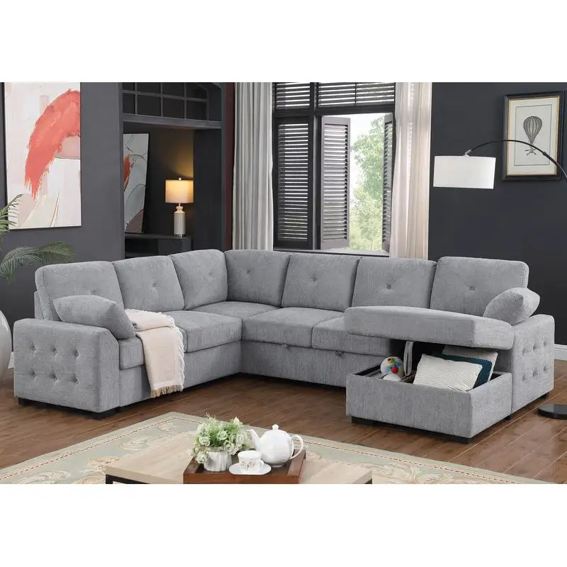 

Upholstered Corner Sectional Sofa with Pull-out Loveseat and Storage Chaise