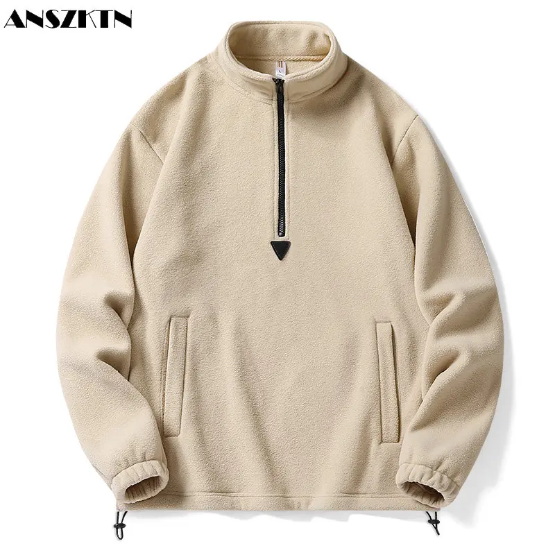 

ANSZKTN Shake grain fleece sweatshirt turtleneck hooded men's autumn and winter solid black pullover embroidered sweatshirt