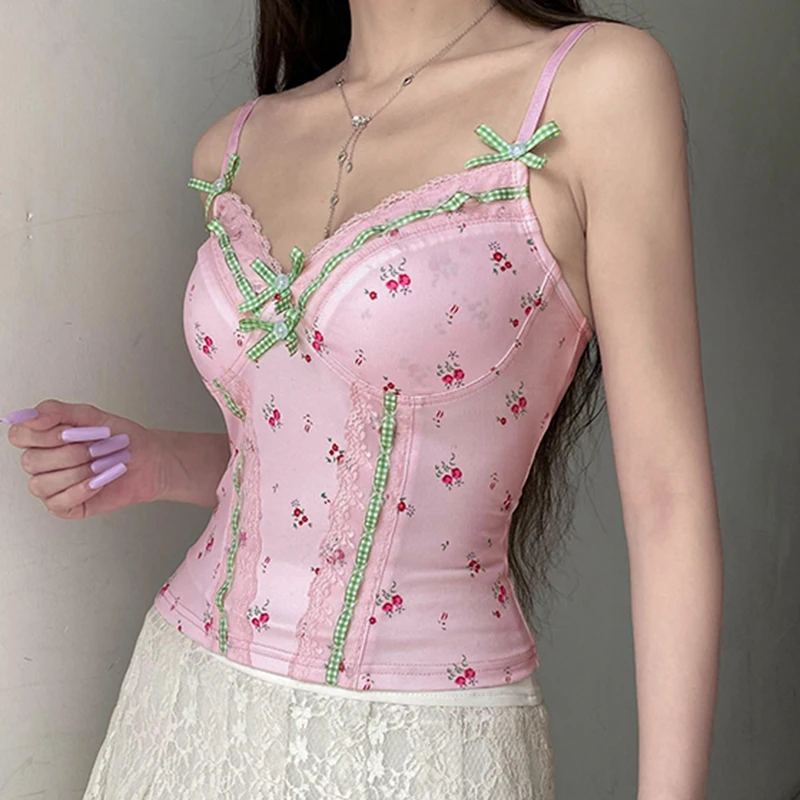 IAMHOTTY Coquette Floral Print Crop Top Pink White Sexy Lace Stitching Milkmaid Corset Cute Contrast Plaid Bow Decorate Camis