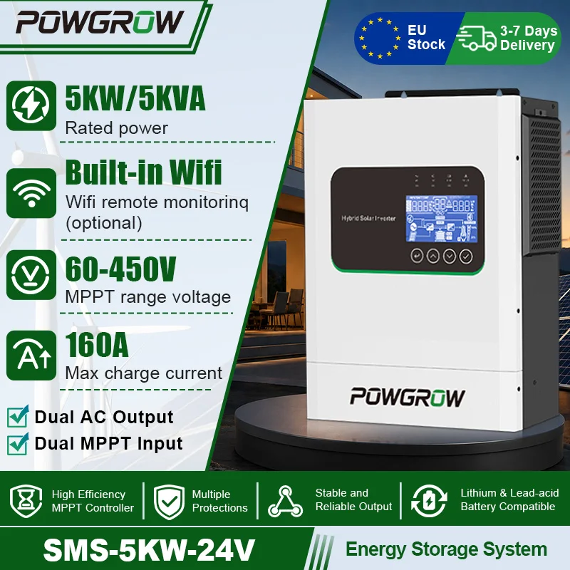 POWGROW 5KW Solar Hybride Omvormer Dubbele MPPT 24V 220V 160A Lader Max 500V PV Ingang BMS Bescherming Dubbele Uitgang