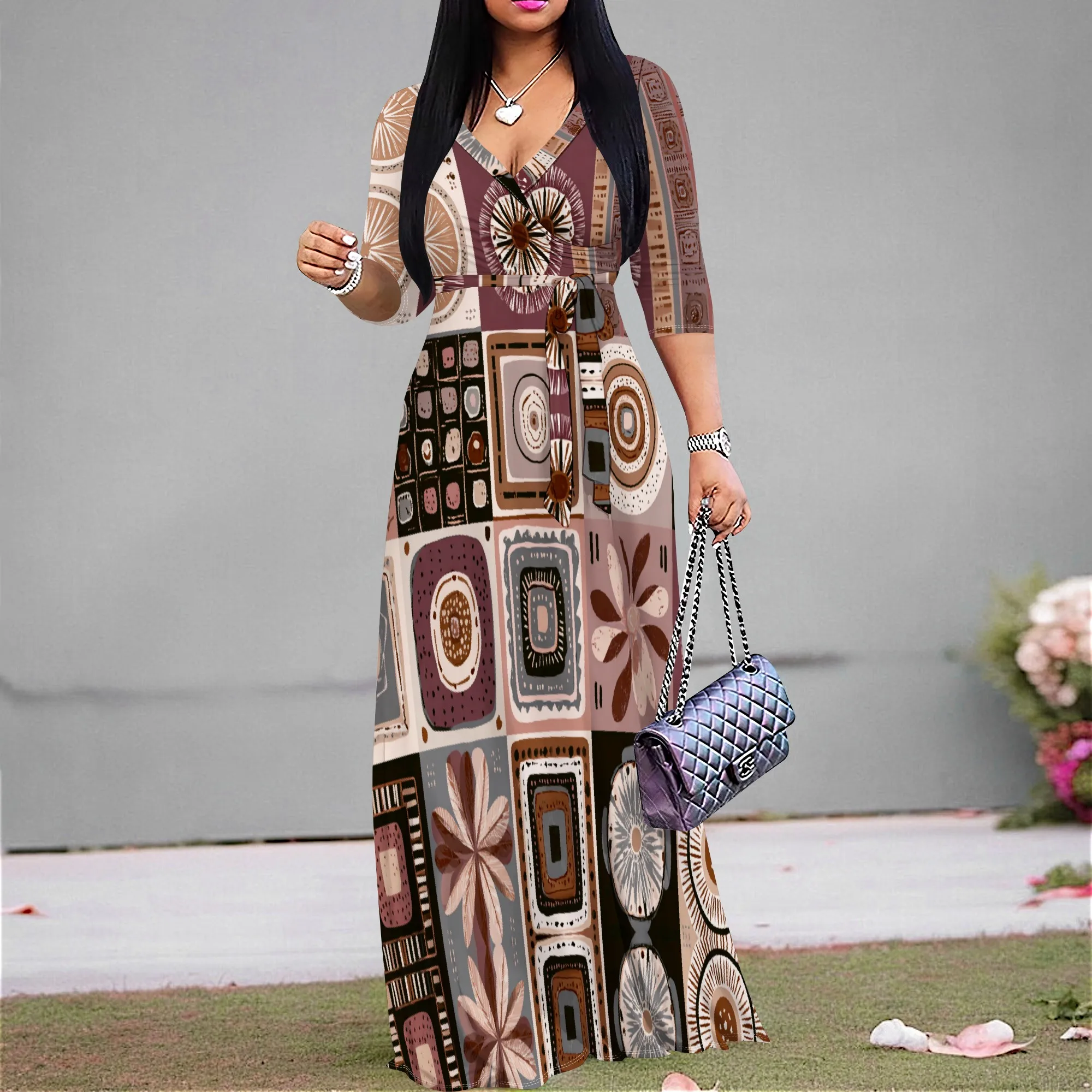 

Retro Geometric Floral Print Maxi Dress S-3XL V-Neck Belted for Fall Brunch, Thanksgiving Dinner or Art Event