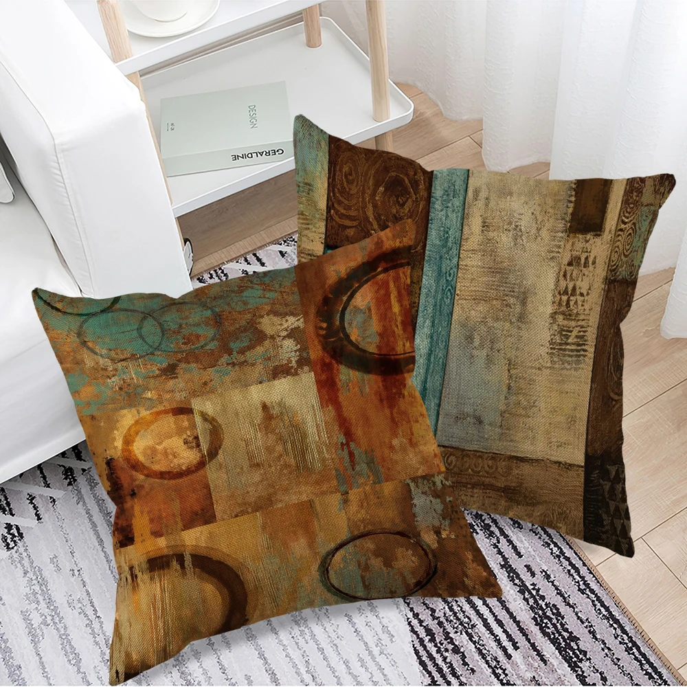 Brown Teal Geometric  Print Linen Throw Pillowcases Boom Single Printed Pillow Cover For Living Room Bedroom Couch Sofa
