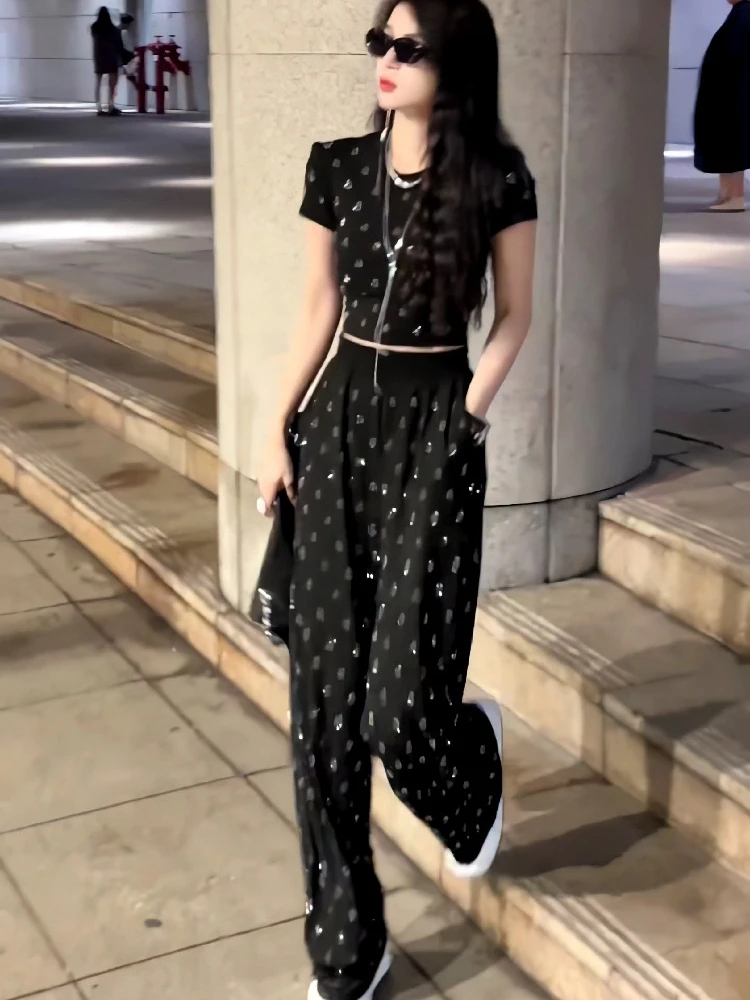 

New Fashion Diamond Design Women's Two Piece Set O-neck Short Sleeve Crop Top T-shirt + High Wiast Straight Legs Pants Sets
