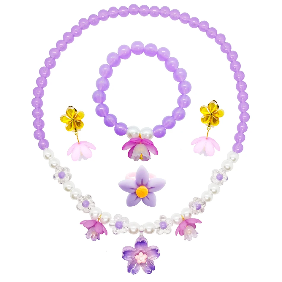 Girl Princess Necklace Bracelet Earclip Sets Kids Colorful Crystal Ornaments Child Halloween Cosplay Party Accessory Play House