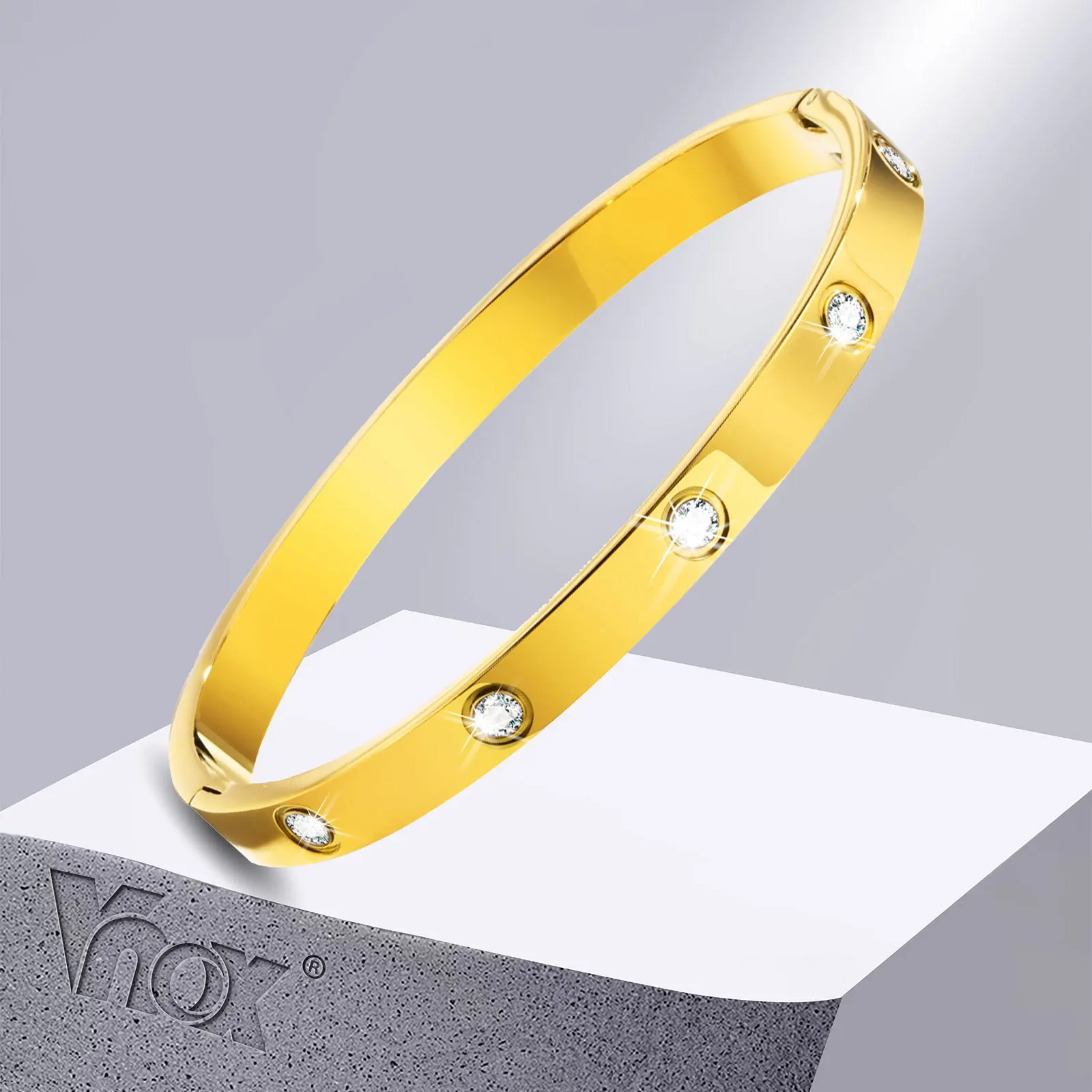 

Vnox Chic Cuff Bangle Bracelets for Women, Gold Color Stainless Steel Wristband with Bling CZ Stone, Anniversary Gifts for Her