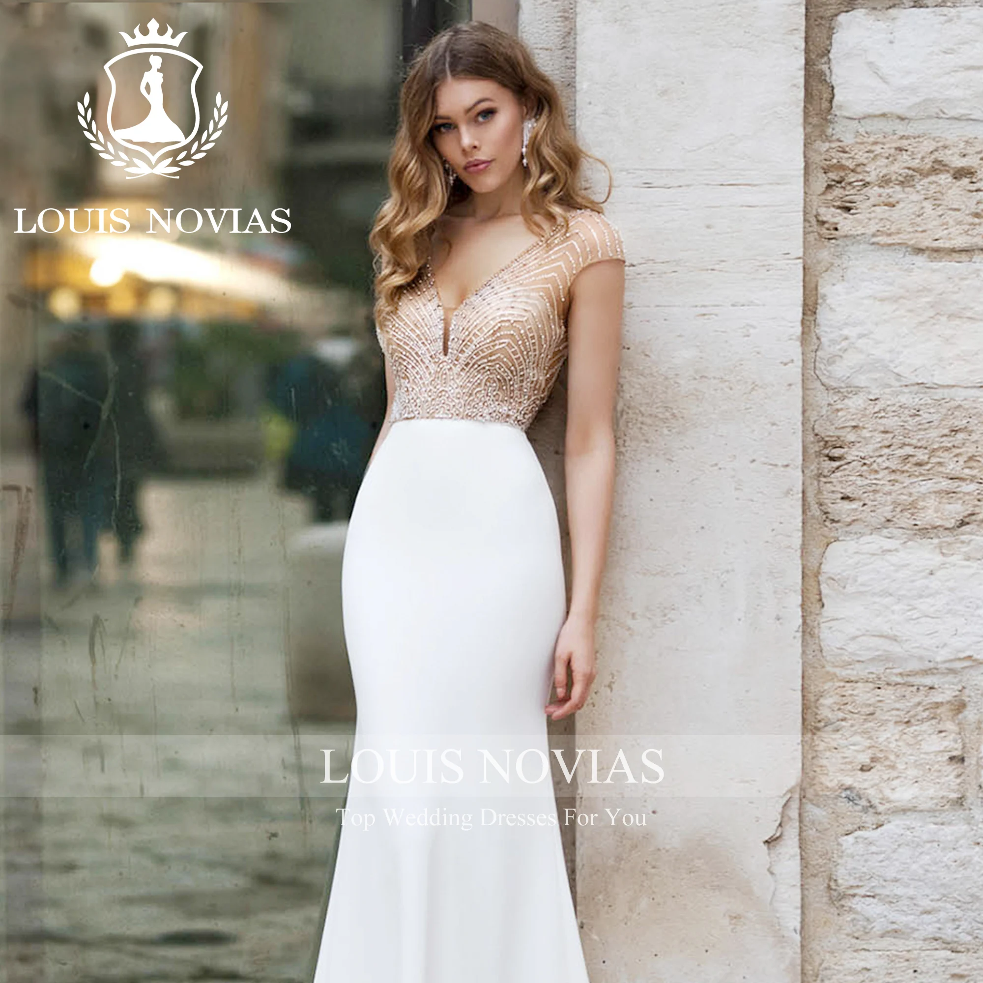 

LOUIS NOVIAS New Arrival Simple Semi-Transparent Illusion Beading Sheath Wedding Gown Vestidos De Novia