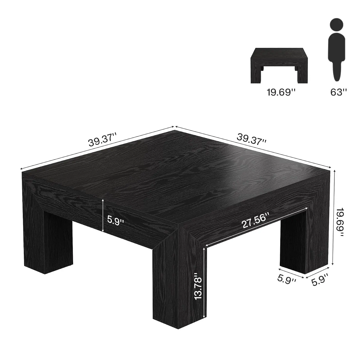 Farmhouse Square Coffee Table 39.37-Inch Low Large Center Tea Table with Sturdy Legs Easy Assembly Black, Customized