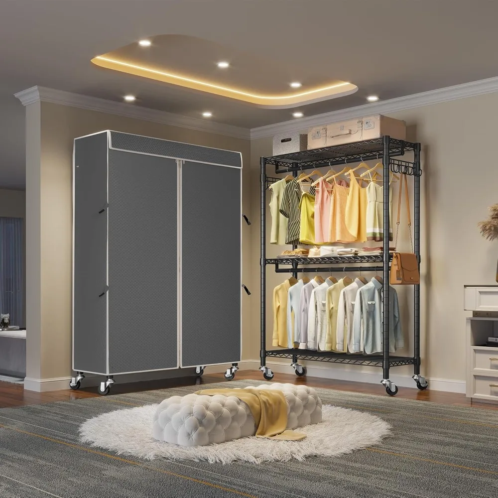 R2C Plus Heavy Duty Rolling Garment Rack with Cover Clothing Racks for Hanging Clothes Portable Closets with Adjustable 3 Wire