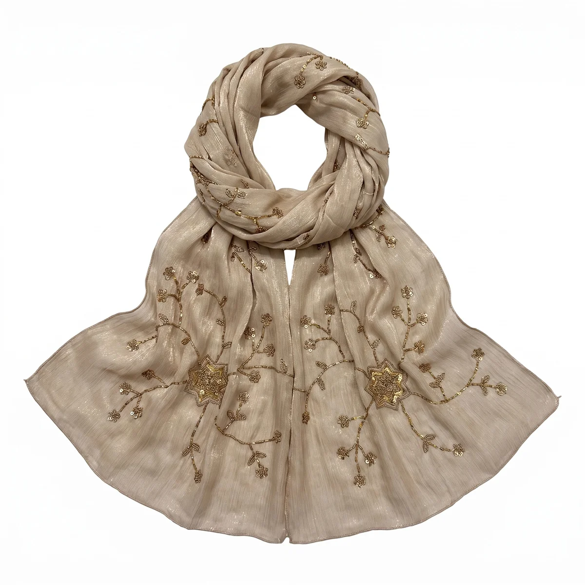 Fashion Crinkle Hijab Scarf With Floral Sequin Embroidery Lightweight Headscarf Shawl For Women Wedding Evening Cocktail Party view 4