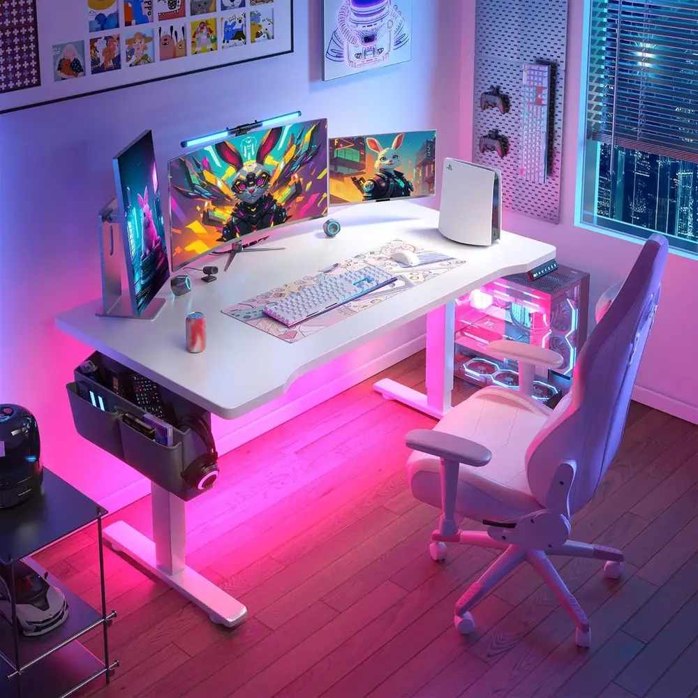 

Height-Adjustable LED-Illuminated Standing Desk, 56x24 with 3 Memory Presets, Storage and Cable Management, White