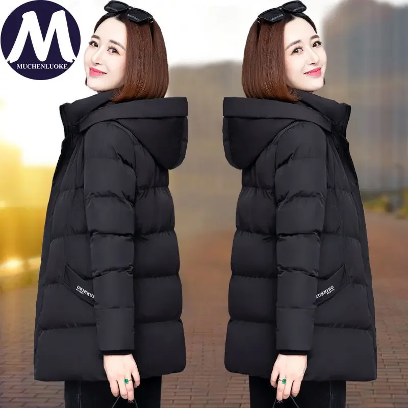 Women\'s Jacket 2024 Winter New Casual Long Sleeved Hooded Medium Length Parkas Korean Fashion Loose Thickening Warm Parkas