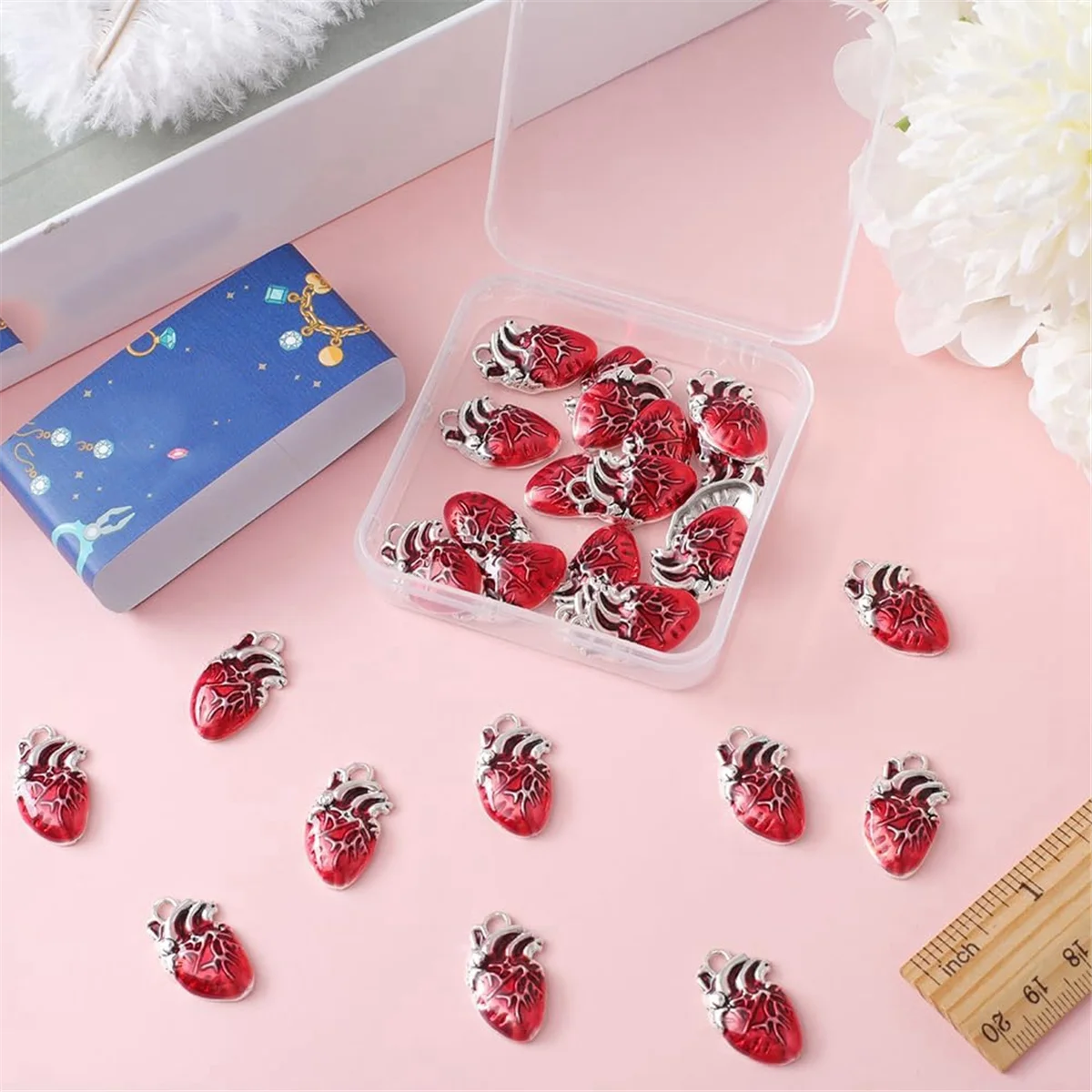 30Pcs Heart Charms Bulk Alloy Anatomical Charms Red Enamel Metal Antique Silver Gothic 3D Organ Hearts Halloween Charms