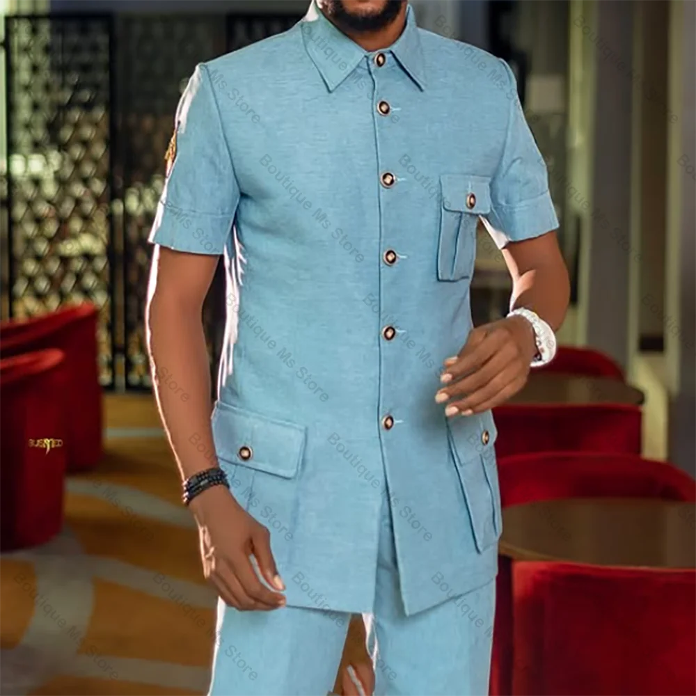 

Синий однобортный мужской костюм с короткими рукавами, комплект из двух предметов (куртка + брюки), повседневный комплект для выпускного вечера, свадьбы