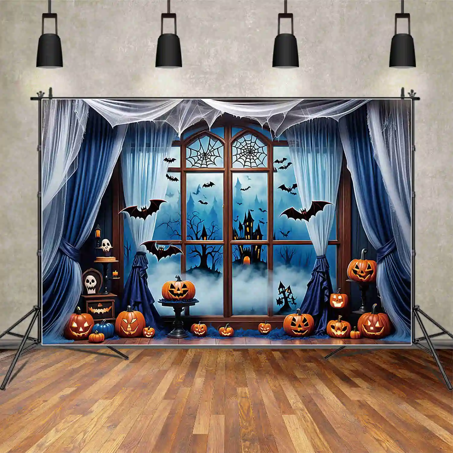 MOON.QG Хэллоуин Тыква фон синее окно занавеска дети Внутренние декорации на заказ фотозоны поставки