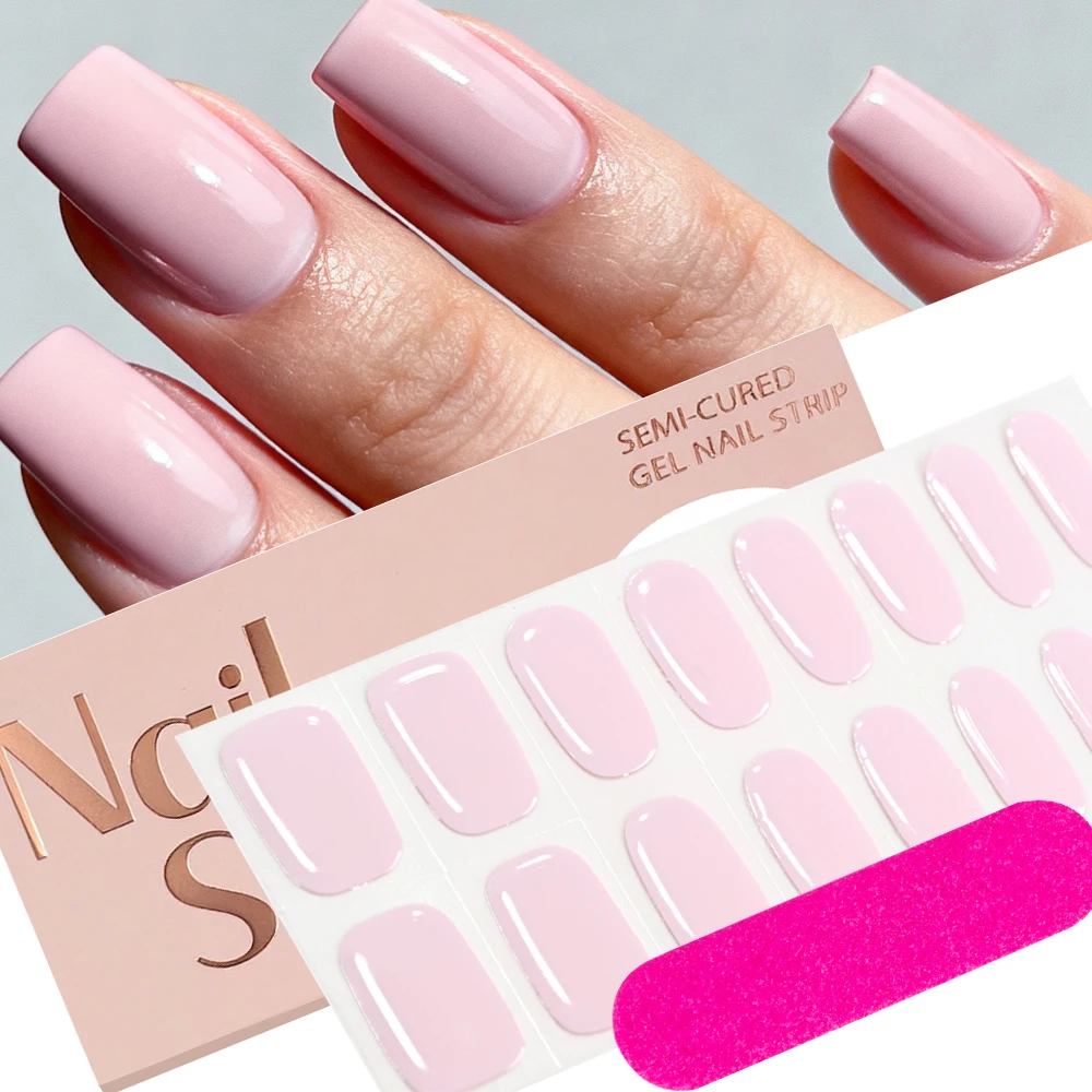 16Tips Solid Pink Semi-Cured Gel Nail Sticker &File Strip Full Cover Waterproof Nails Polish Strips for Women DIY Manicure Wraps
