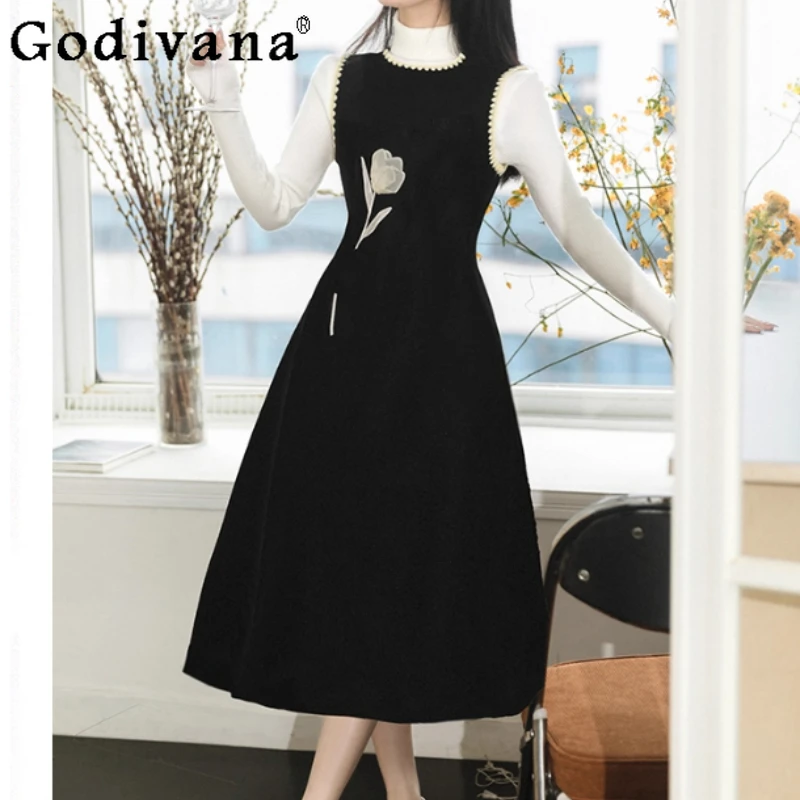 

Autumn Winter Sweater Vest Dress Age Reduction French Elegance Girls Versatile Long sleeve Crew Neck Temperament Two-piece Sets