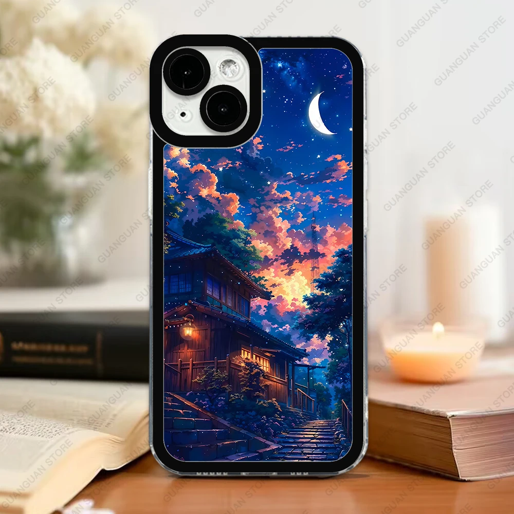 Case For iPhone 15 14 13 Pro Max 12 Mini 11 XS X XR SE 7 8 Plus Soft Cover Japanese Night Scene
